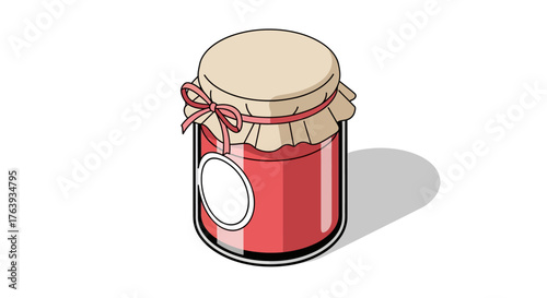 Rustic jam jar with red content and decorative bow in isometric style