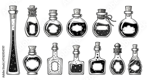 Vintage potion bottles collection with cork stoppers and labels in black and white