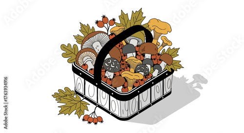 Basket of wild mushrooms and leaves in autumn colors - hand drawn style