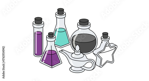 Colorful laboratory glassware and aladdin lamp with magical shape on white background