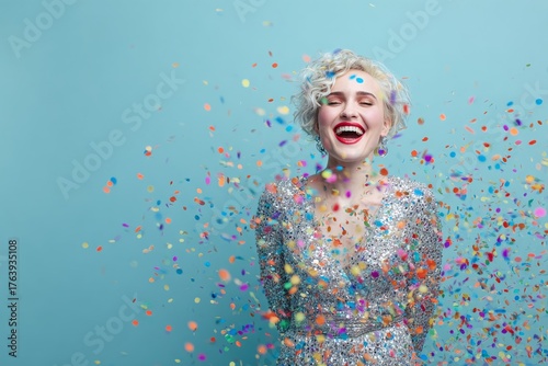 Joyful Celebration With Colorful Confetti and a Smiling Woman in a Silver Dress