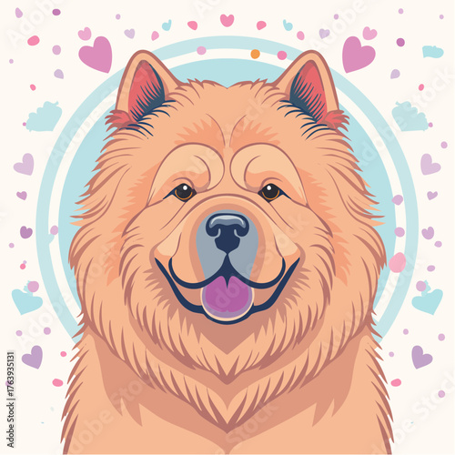 Jolie illustration d'un Chow Chow, chien chinois, portrait serré, vu de face, couleurs pastels
