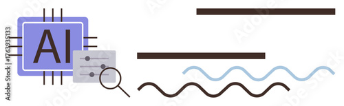 AI chip and settings panel connected by magnifying glass, analyzing straight and wavy lines. Ideal for machine learning, data analysis, automation, technology, computing, innovation, simple flat