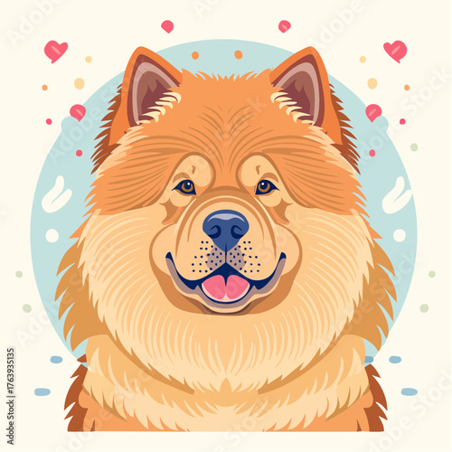 Jolie illustration d'un Chow Chow, chien chinois, portrait serré, vu de face, couleurs pastels
