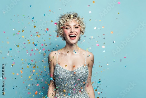 Bright Celebration With Joyful Woman Smiling Amidst Colorful Confetti in a Ch...