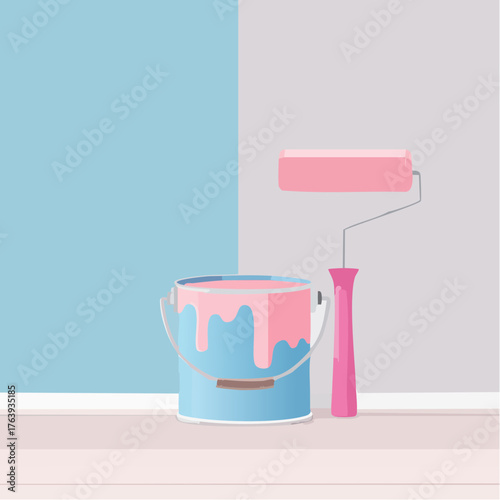 Un pot de peinture et son rouleau, couleur bleu et rose, décoration, travaux, mur 