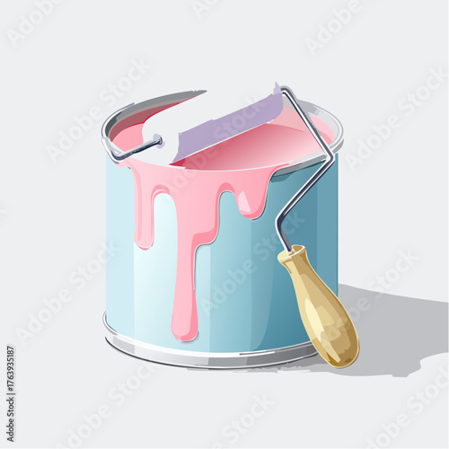 Un pot de peinture et son rouleau, couleur bleu et rose, décoration, travaux, mur 