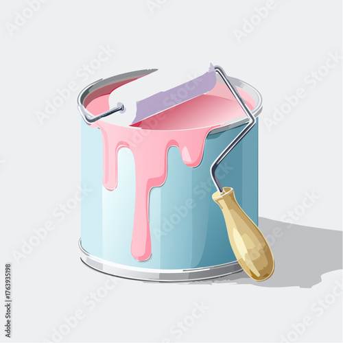 Un pot de peinture et son rouleau, couleur bleu et rose, décoration, travaux, mur 