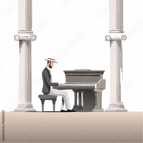 Superbe illustration d'un pianiste en train de jouer, tons clairs, sépia, artistique, isolé sur fond blanc