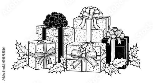 Black and white holiday gift boxes with holly berries and bows