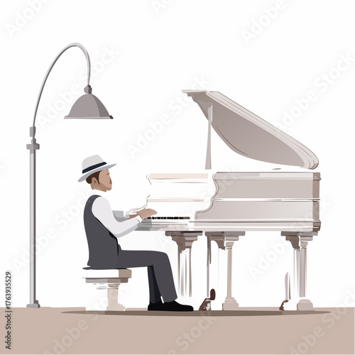 Superbe illustration d'un pianiste en train de jouer, tons clairs, sépia, artistique, isolé sur fond blanc