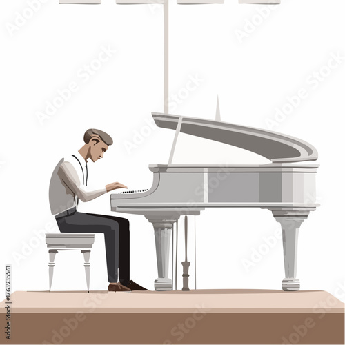 Superbe illustration d'un pianiste en train de jouer, tons clairs, sépia, artistique, isolé sur fond blanc
