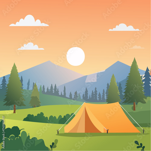 Camping sauvage, nature vierge, loisir, début du coucher du soleil, couleurs orangées