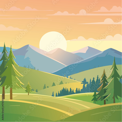 Magnifique paysage de montagne au coucher du soleil, été, verdure