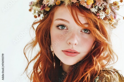 Portrait of a Girl With Flowing Red Hair and a Floral Crown Against a Neutral...