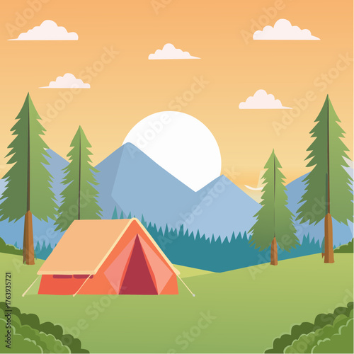 Camping sauvage, nature vierge, loisir, début du coucher du soleil, couleurs orangées