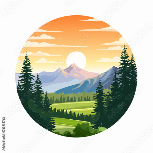 Magnifique coucher de soleil au dessus de la montagne, vallée verdoyante, sapins, couleur orangée, bouffée d'air pur et plaisir des yeux