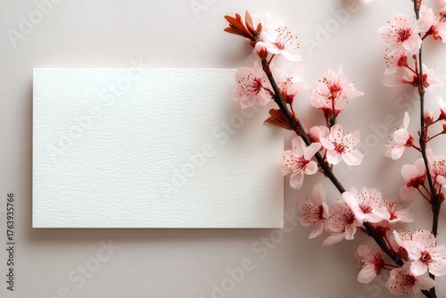 Beautiful Pink Cherry Blossoms With a Blank Card on Pastel Surface for Spring...