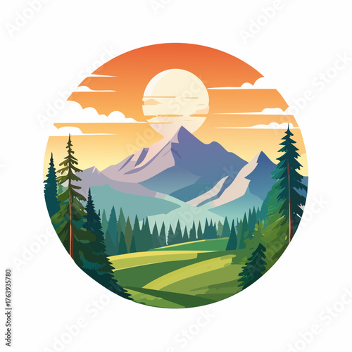 Magnifique coucher de soleil au dessus de la montagne, vallée verdoyante, sapins, couleur orangée, bouffée d'air pur et plaisir des yeux