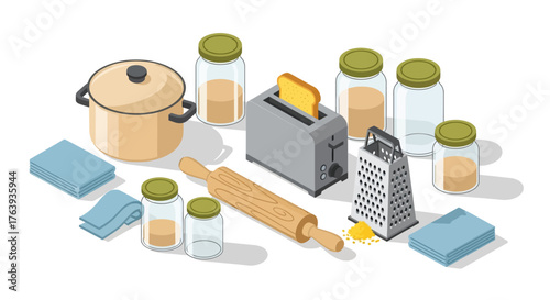Isometric kitchen items: toaster, cookware, and jars in modern design