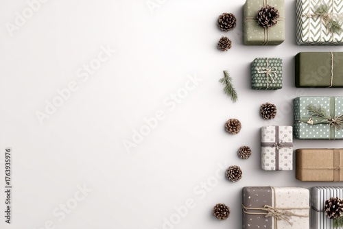 Beautifully Wrapped Gifts With Pinecones and Greenery Arranged on a Light Bac...
