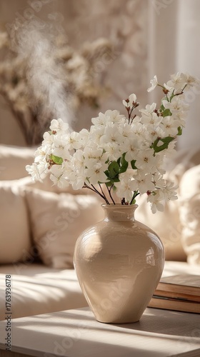 Flower Vase With White Blossoms and Steam in a Cozy Living Room Setting Durin...