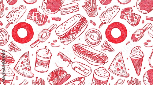 Seamless Fast Food Pattern in Red Line Art on White Background
