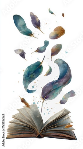 Open Book Releasing Feathers and Sparkles Into the Air During a Magical Moment