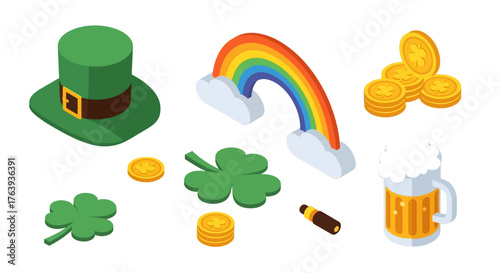 Colorful st. patrick's day icons with rainbow, clover, and coins in isometric style