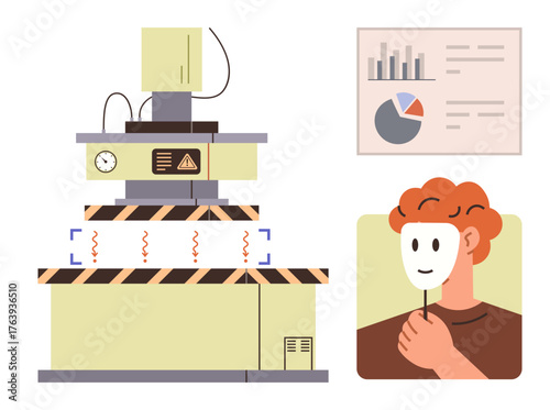 Large industrial machine with caution symbols, individual holding mask, and data charts with graphs and percentages. Ideal for industry, technology, analysis, deception, process, metaphor simple