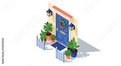 Charming isometric doorway with festive wreath and potted plants
