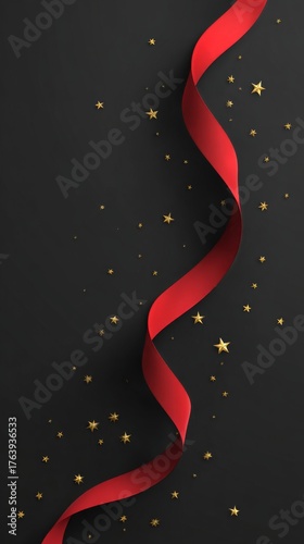 Decorative Red Ribbon With Gold Stars on a Black Background for Festive Celeb...