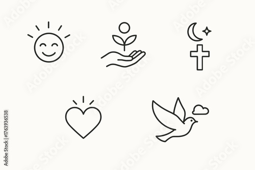 Faith, hope and peace line icons — love, spirituality and positive energy symbols