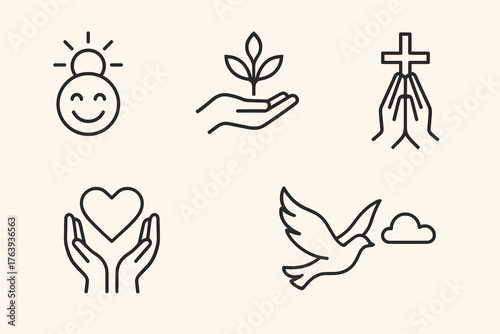 Faith and peace line icons — hope, love, growth, spirituality and mindfulness symbols