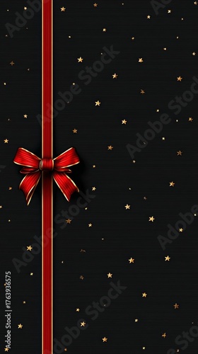 Elegant Black Background With Golden Stars and Red Ribbon Details for Festive...