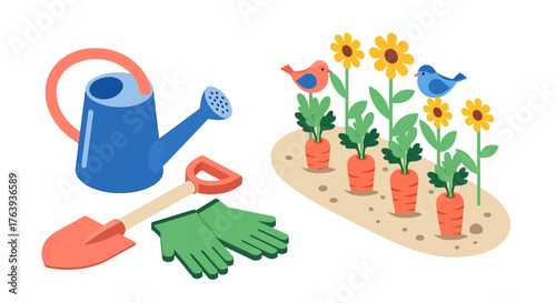 Colorful gardening tools and vegetables with birds in a charming garden scene