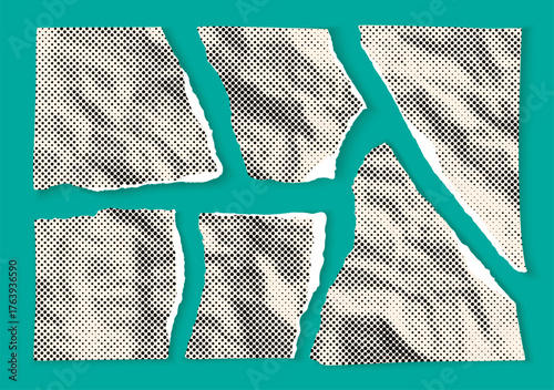 Torn page with uneven edges. Retro cool collage with comic halftone dotted old paper with grunge texture. Monochrome texture on green. Elements with copy space for presentation, cover. Vector EPS10