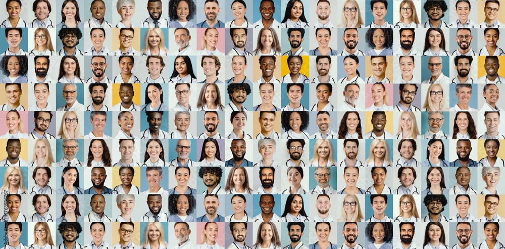 Fototapeta premium This collage features a diverse group of medical professionals, including doctors and nurses, smiling and wearing scrubs with stethoscopes.