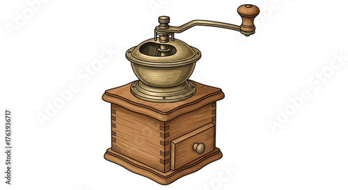 Vintage hand-crank coffee grinder with wood and metal details