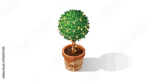 Festive topiary tree with decorative lights in rustic pot