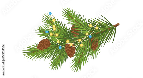 Festive pine branch with pinecones and colorful string lights on white background