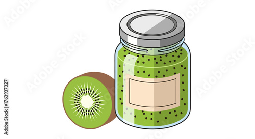 Jar of kiwi jam with a fresh kiwi slice: isometric style