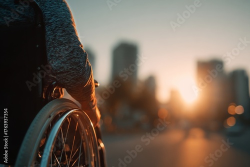 Enjoying Sunset Views While in a Wheelchair Near a City Skyline at Dusk