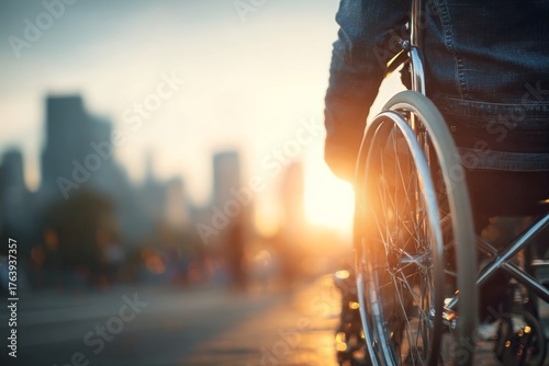 Sunset View From a Wheelchair on the City Waterfront, Capturing the Warm Glow...