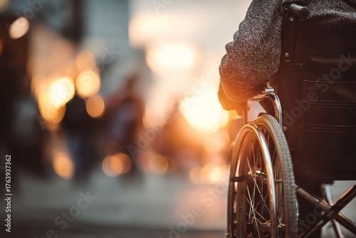 Sunset View From a Wheelchair on the City Waterfront, Capturing the Warm Glow...