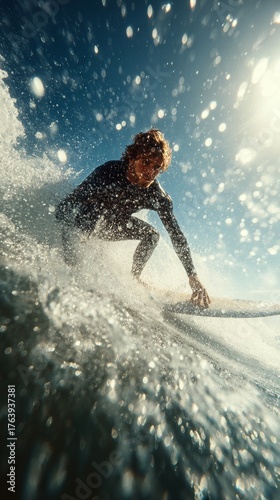 Surfer Rides a Powerful Wave at a Sunny Beach, Showcasing Skill and Balance D...