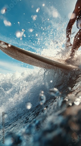 Surfer Rides a Powerful Wave at a Sunny Beach, Showcasing Skill and Balance D...