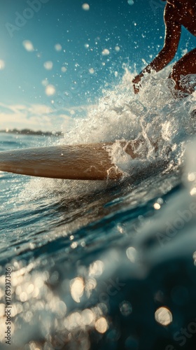 Surfing Action at Sunset Near the Shore With Splashing Waves and Clear Blue S...