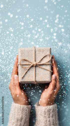 Gift Box Held in Hands With Festive Background and Sparkles During Holiday Se...