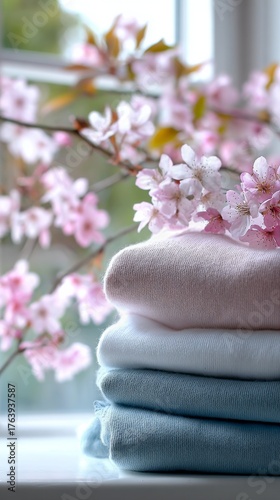 Soft Textiles and Blooming Flowers Complement Each Other by a Window on a Sun...